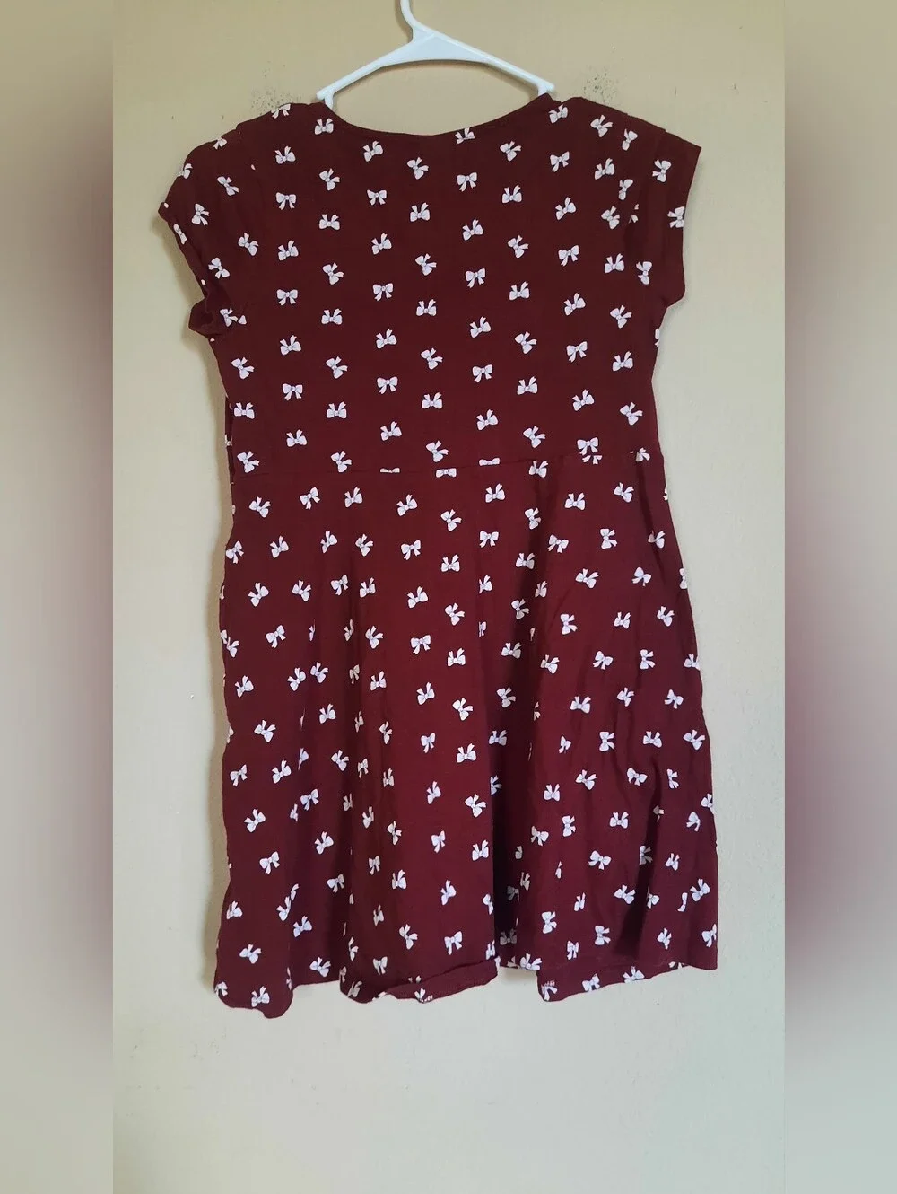 Old Navy Girls Maroon Short Sleeve Dress with White Bow Print